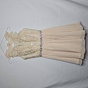 Elizabeth K by gls cream lace embroidered chiffon bateau jeweled dress sz 6